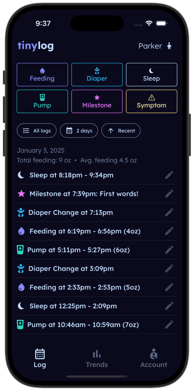 tinylog diaper tracker showing daily wet and dirty diaper counts
