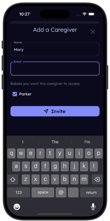 tinylog app showing shared baby log with entries from multiple caregivers