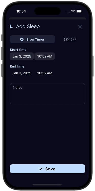 tinylog sleep tracker showing sleep patterns across a regression period