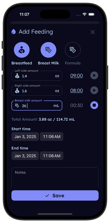 tinylog food tracking screen showing new foods introduced