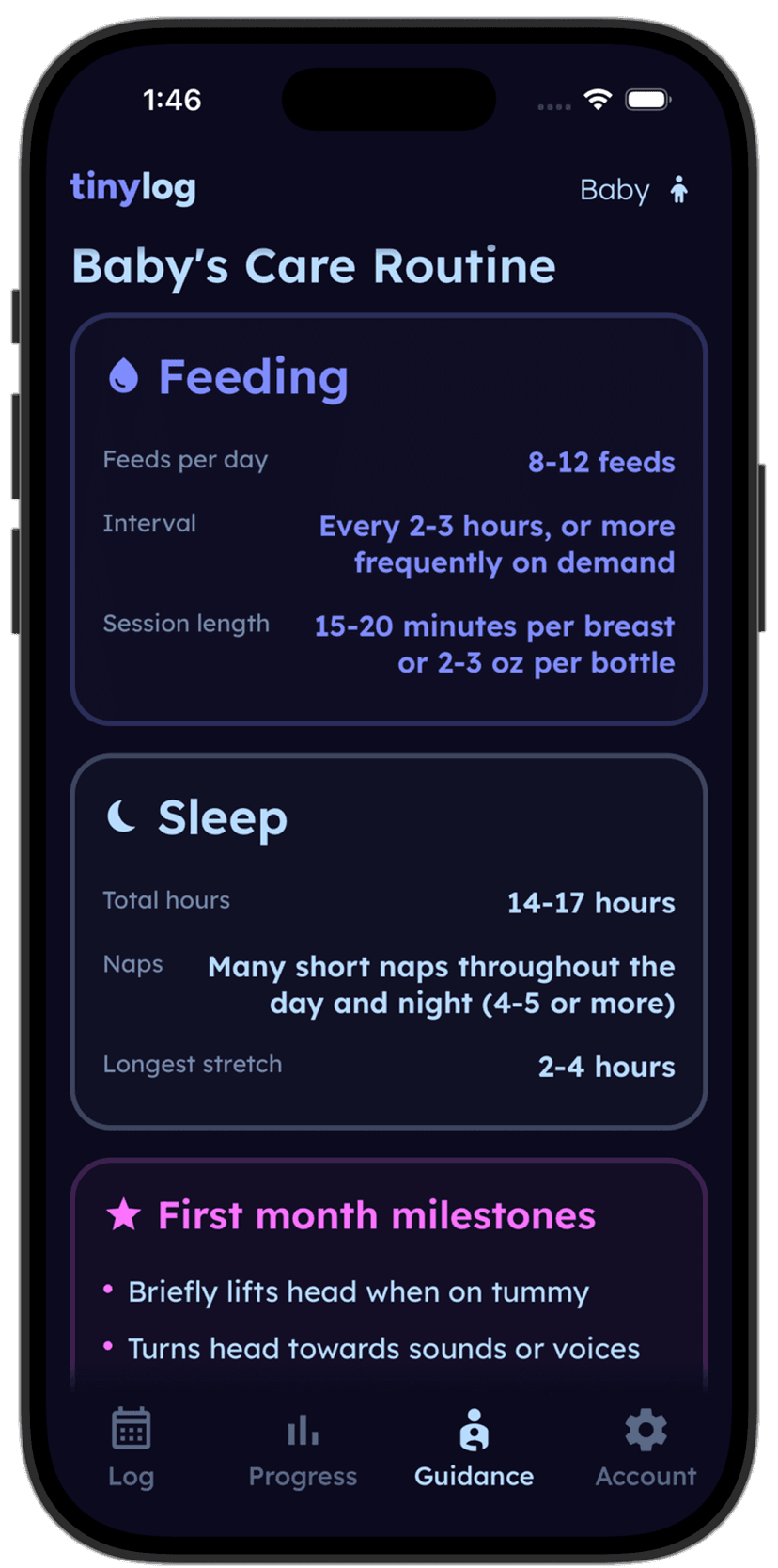 Tinylog sleep log showing bedtime routine and sleep onset times