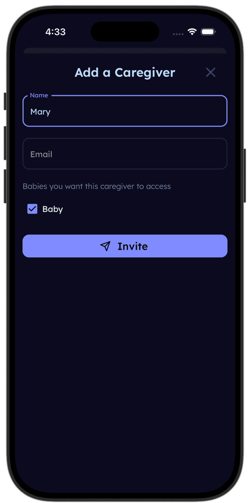 Tinylog caregiver sync showing shared baby log between parent and caregiver