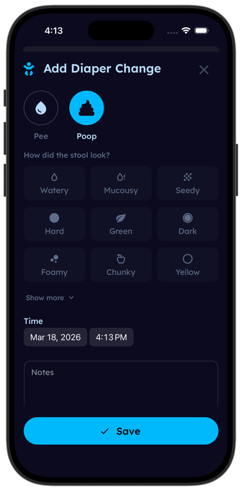 Tinylog diaper tracking showing wet and dirty diaper logs