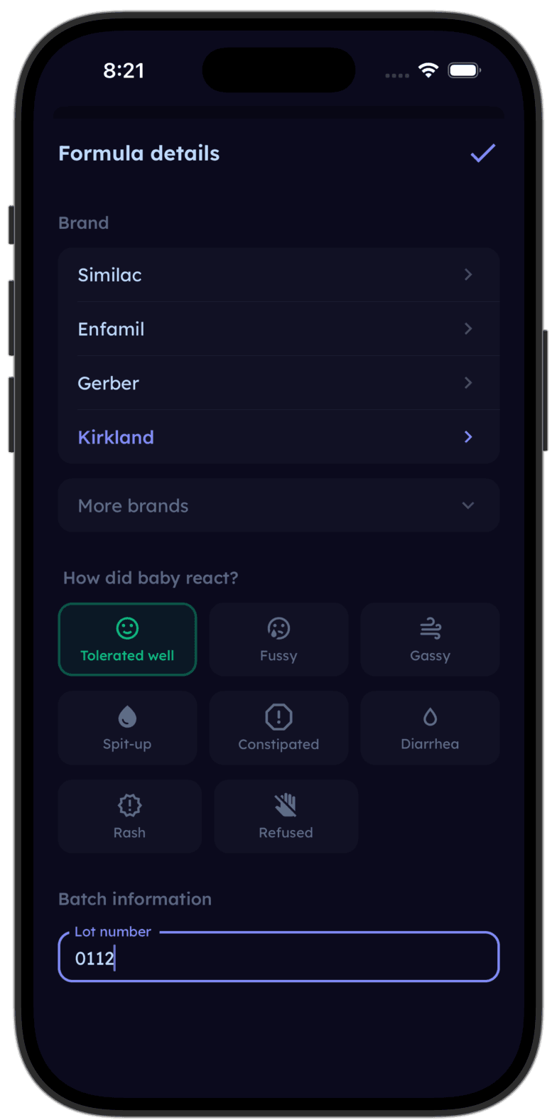 Tinylog diaper tracker showing stool pattern data