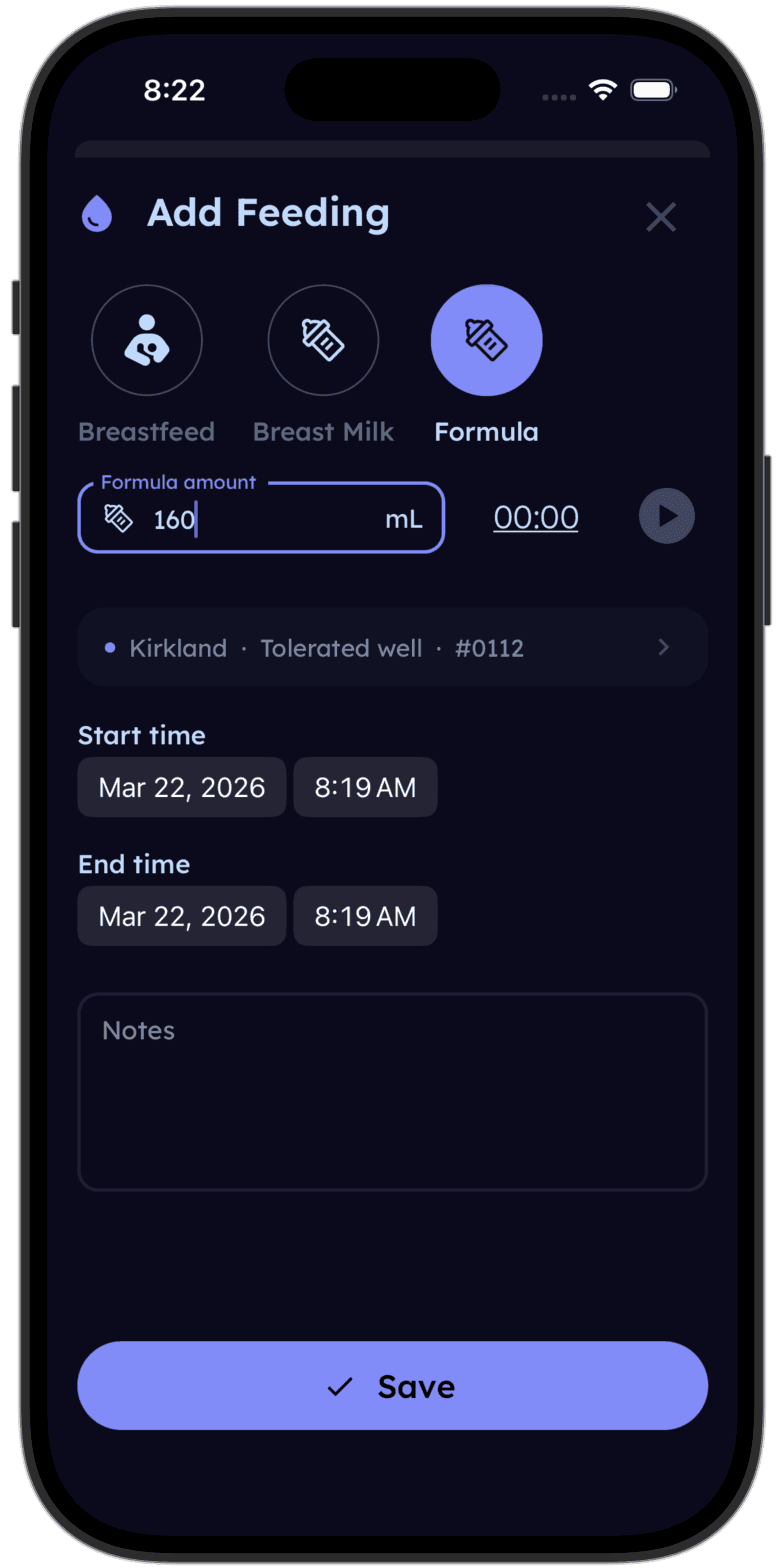 Tinylog app showing formula feeding log with bottle volumes and feeding times