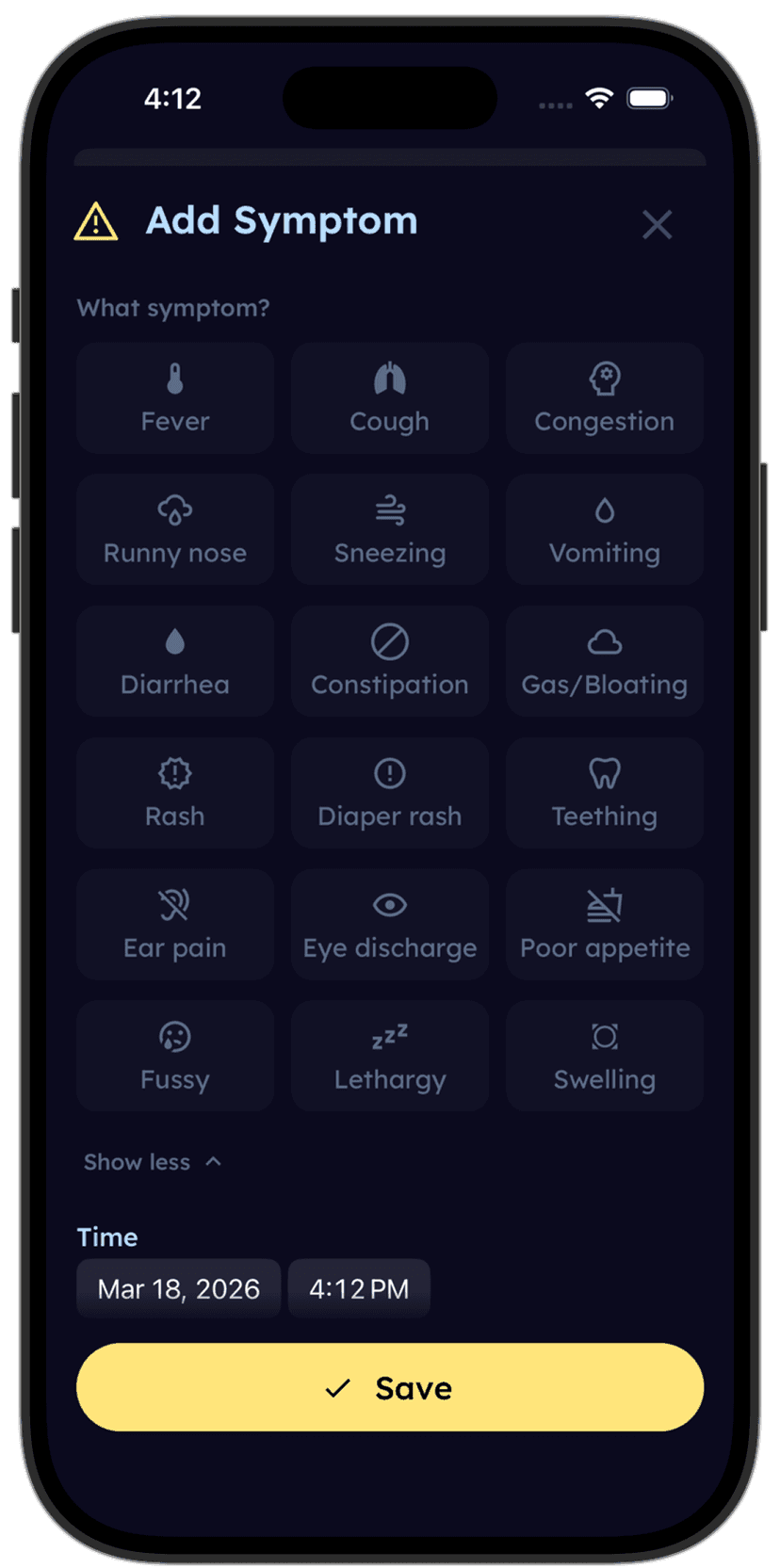 Tinylog symptom tracking with feeding and crying data