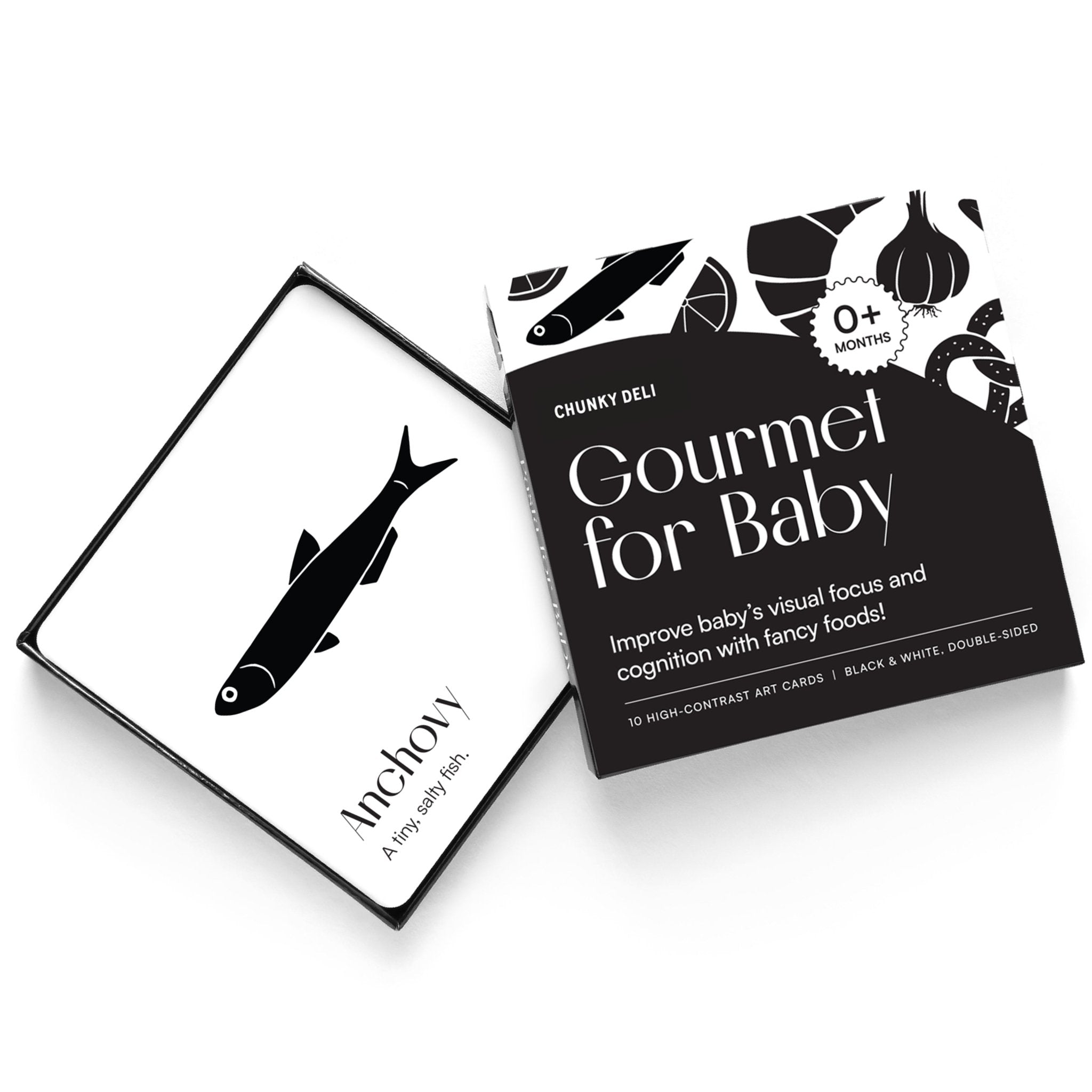 Chunky Deli Gourmet for Baby high-contrast art cards featuring bold black-and-white food illustrations including asparagus, croissant, and oyster